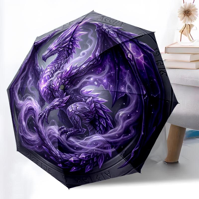 1pc Sturdy 8-Bone Auto Umbrella, Amethyst Crystal Dragon Umbrella, Digital Printed, Foldable Umbrella for On-the-Go Outdoor Use