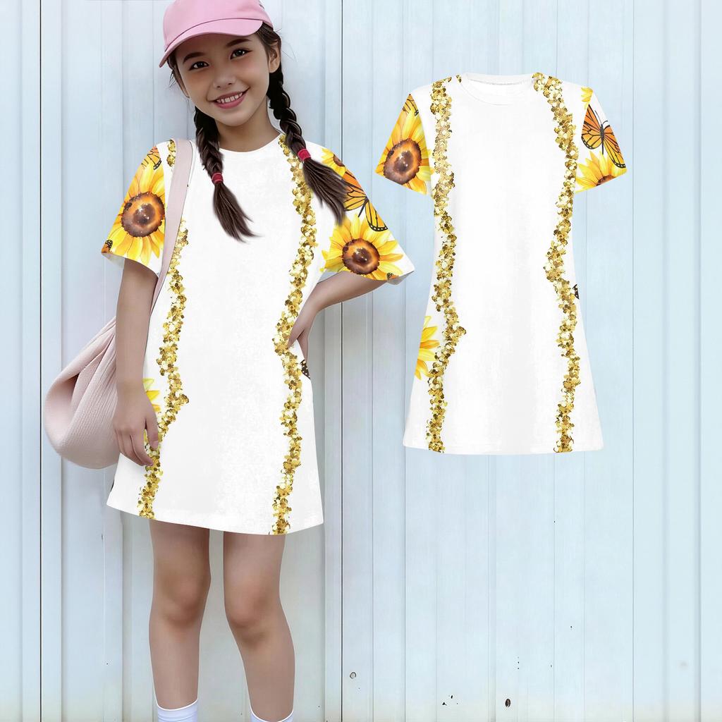 Girls Print Casual Dress Kids Loose Round Neck Short Sleeve Thin Sundress