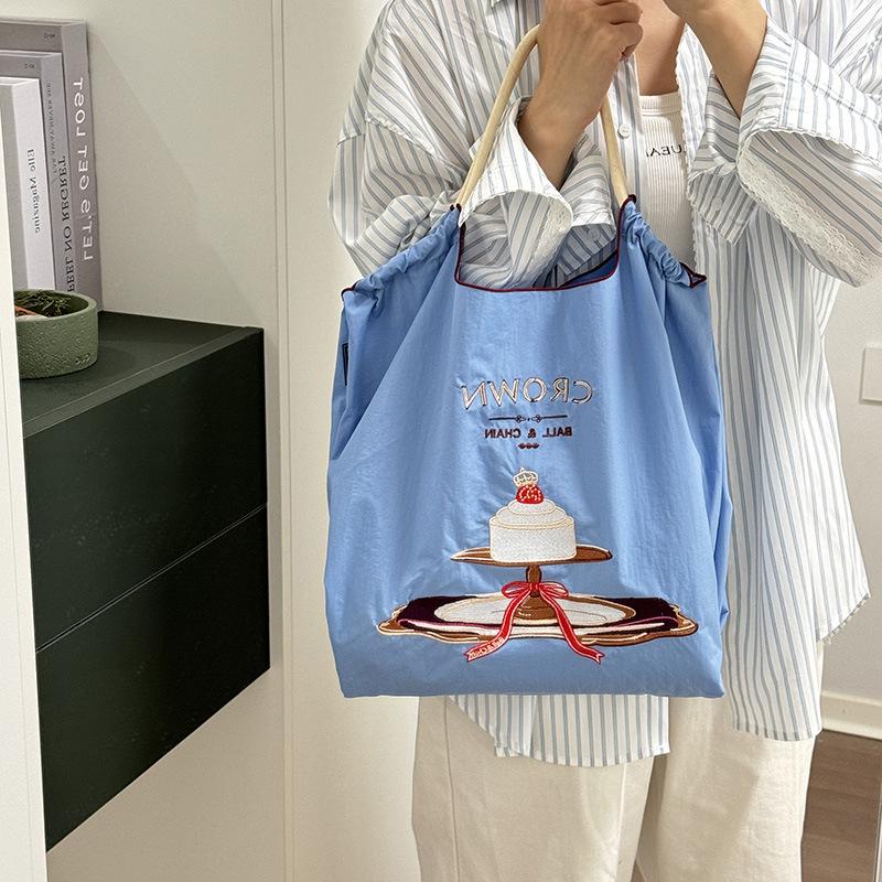 Crown Cake Japanese Girl Embroidered Canvas Crossbody Tote Bag - Large Capacity for Spring Outings
