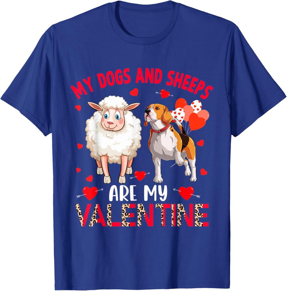 My Dogs And Sheeps Are My Valentine Beagle Sheep Graphic Tee Casual Cotton T-Shirt