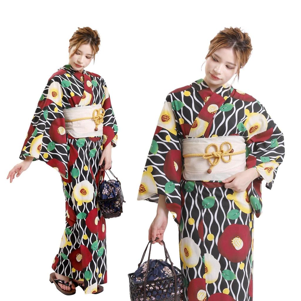 Yukata Set of One Size Fits Camellia x Heiko Obi in [Fuuka] Women's 2, Adults, Most, (Black) (Made Japan/Off White)