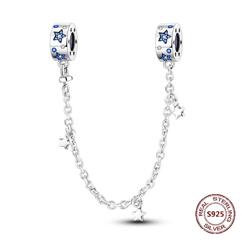925 Silver Star Moon Bracelet Ocean Safety Chain with Colored Zircon Beads DIY Fine Jewelry for Women