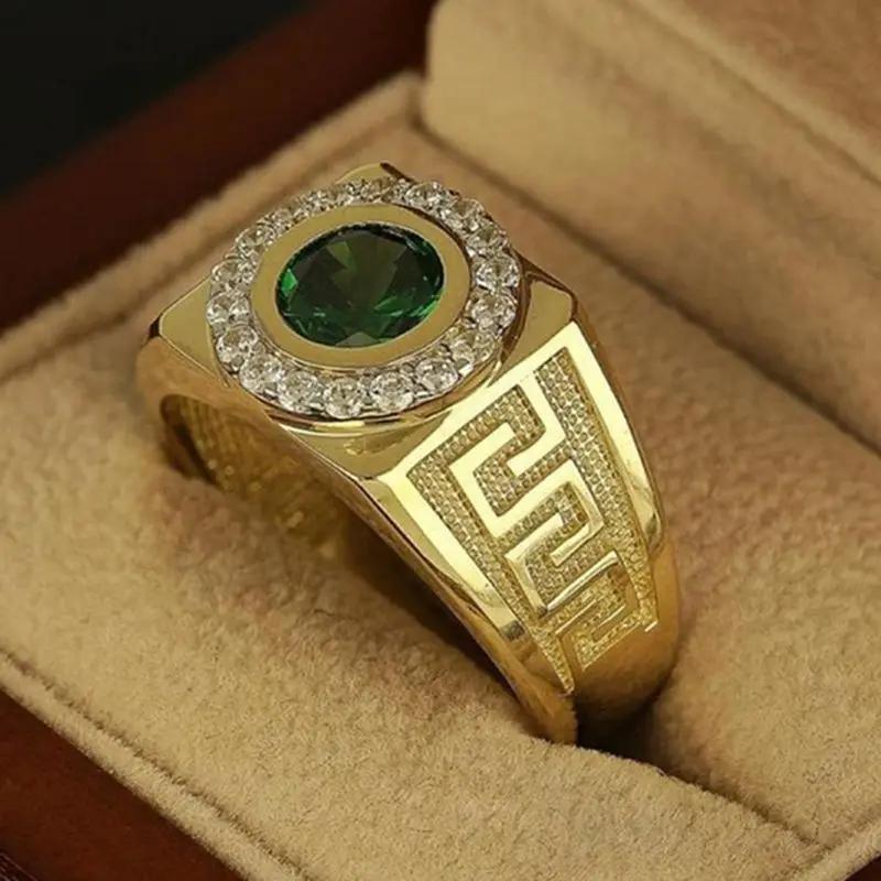 Modischer Herrenring in klassischer Goldfarbe, luxuriös mit grünen Steinen eingelegt, Ringe für Männer, Party, Ehering, Jubiläumsgeschenk 11 brown