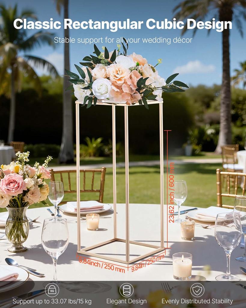 Wedding Flower Stand, 10PCS 60cm Column Flower Stand, Floral Stands with Metal Laminate, Gold Rectangular Floral Display Rack for Wedding, Party,