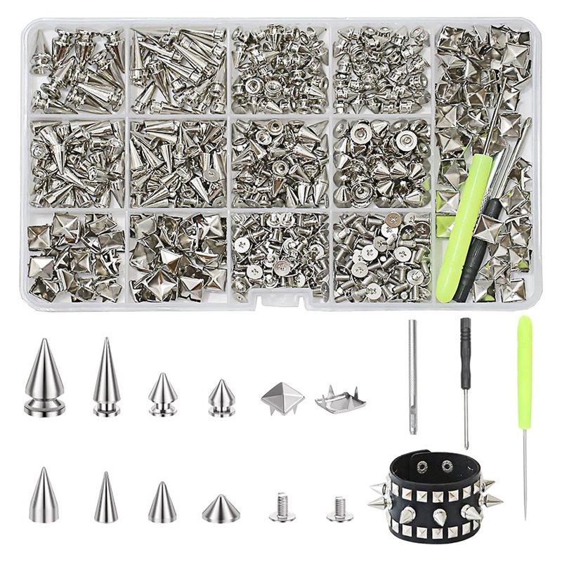 Gute quadratische Pyramidennieten und 8 Größen Kegelspikes, 600 Stück Metall-Baumspikes-Kit für Kleidung Punk