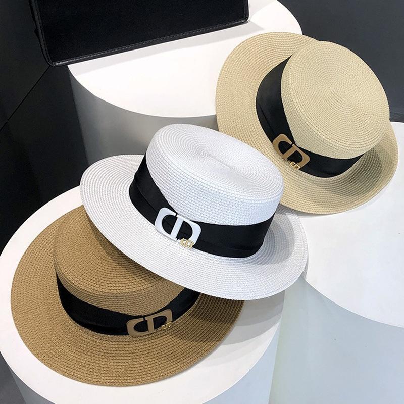 Summer Women's Flat Top Straw Hat Travel Seaside Vacation Shade Sun Protection Hat Casual Straw Sun Hat