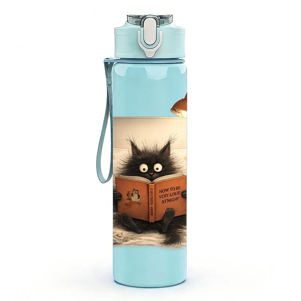 1PC Black Cat Sit On Vintage Book Bag Print 750ml Color Plastic Sports Water Bottle Leakproof Flip Straw Lid Suitable for Sports Office Home Use