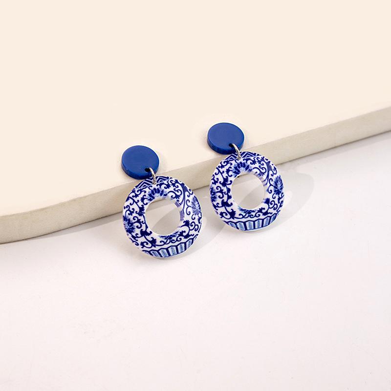 Vintage Blaue Und Weiße Porzellanohrringe Chinesischer Stil Wellenpunkt Elegante Geometrische Ohrringe Damen Ohrschmuck