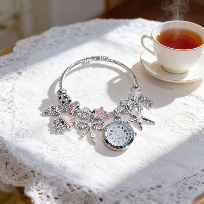 Ocean-Themed Multi-Pendant Bracelet With Watch Fashionable And Suitable For Commuting Stainless Steel Handmade Beaded Bangle