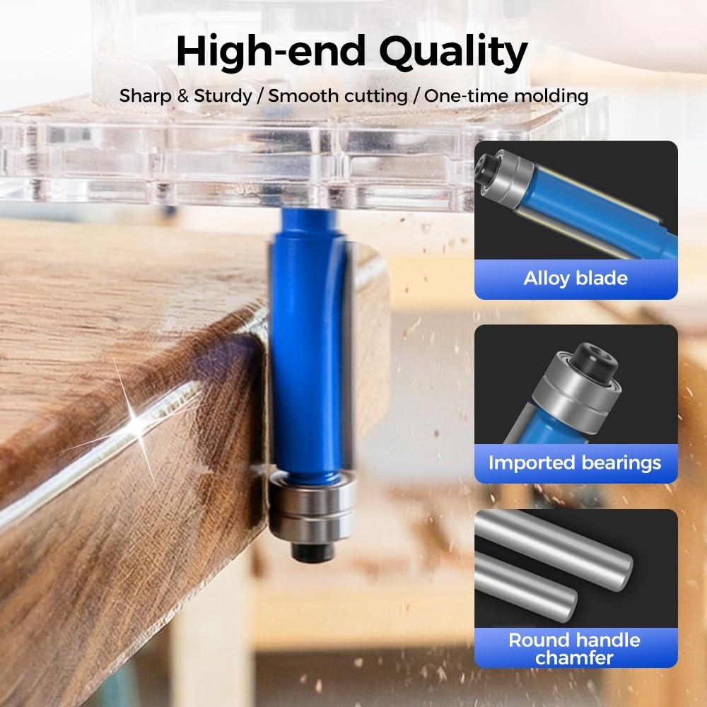 Double Bearing Flush Trim Router Bit Set, 2026 Upgrade Dual Bearing Trimming Tool Set 1/4-Inch New Deburring and Polishing Tool Size Universal (4PCS)