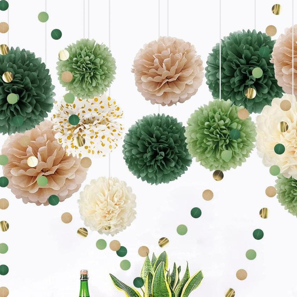 Dark Green Honeycomb Paper Flower Ball Set for Party, Wedding, or Event Decoration - 15 Pieces