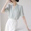 Elegant V-Neck Satin Blouse Women Slim Fit Lightweight Office Shirt 2026 Pure Color