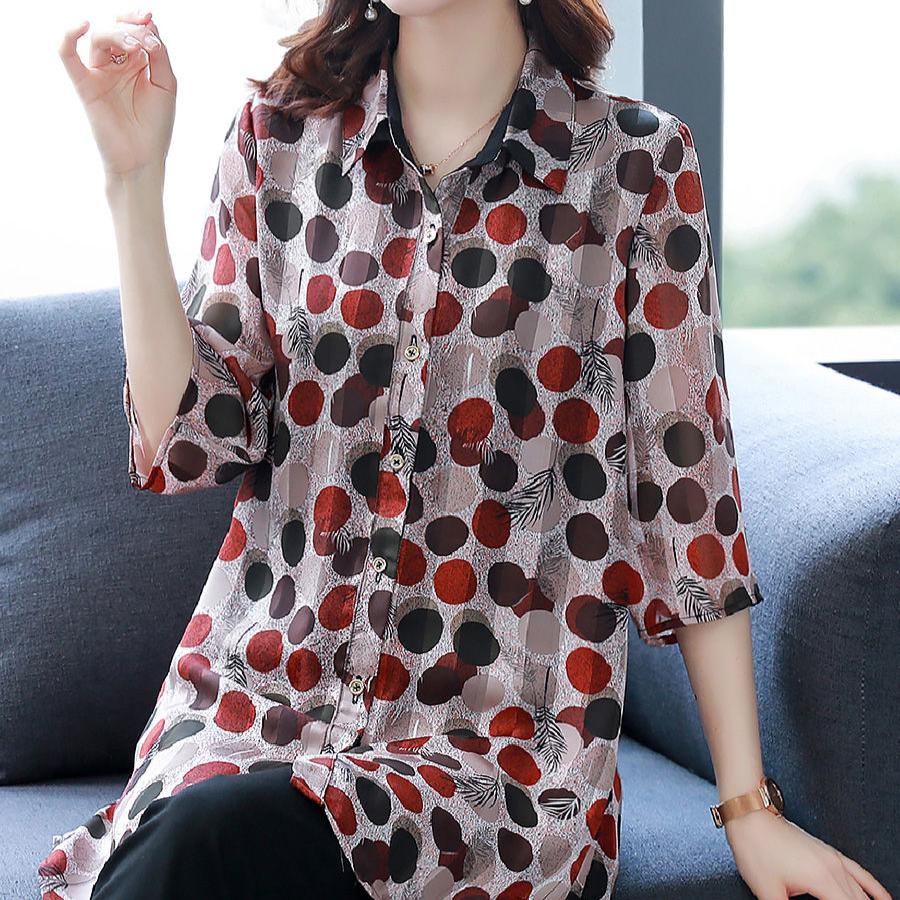 Large Size Shirt Women's Fashion Polka Dot Chiffon Shirt Loose Mid-length T-shirt Top Summer Sun Protection Clothing