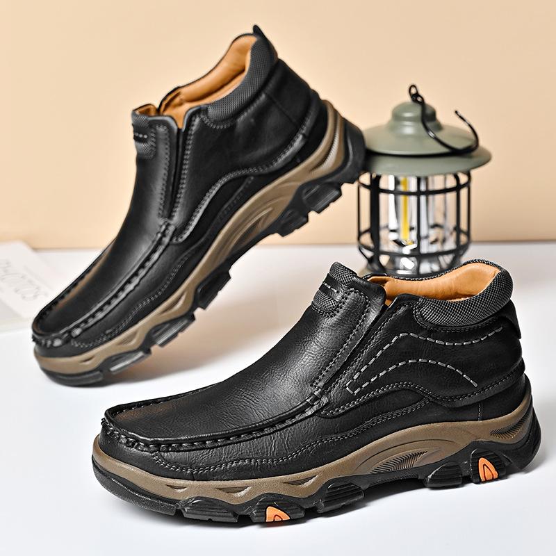 Men's Waterproof Slip On Faux Leather Hiking Booties for Male Outdoor Non-Slip Walking Sneakers Casual Loafers Work Shoes Comfortable Short Boots