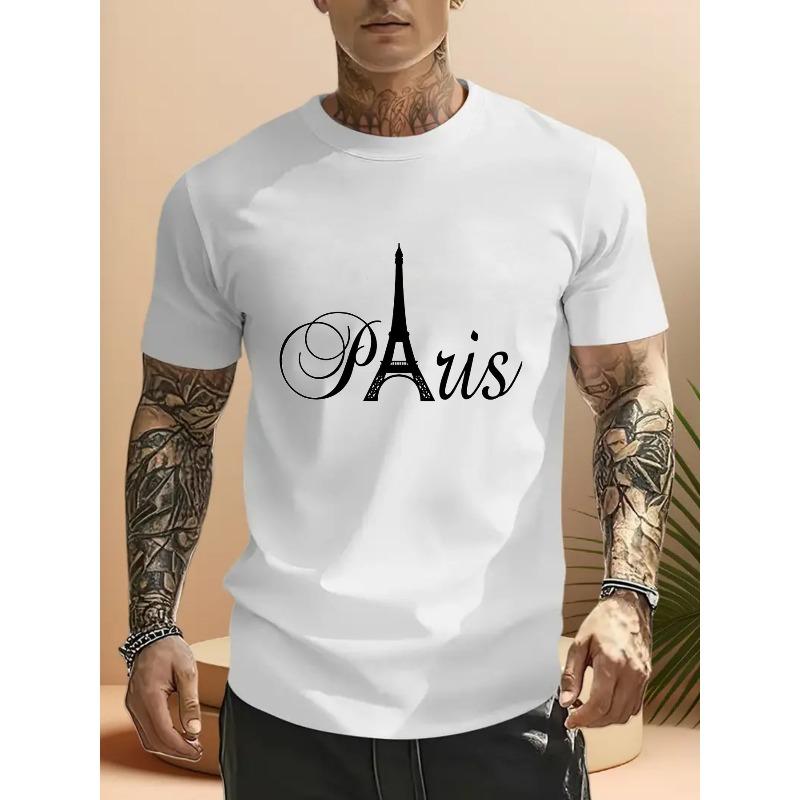 European sizes This Men'S Short-Sleeve Crew-Neck T-Shirt Showcases a French Minimalist Retro Style Inspired by Urban Landmarks