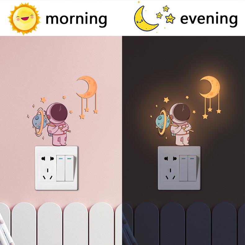 Glow In The Dark Astronaut Wall Stickers Kids Room Decor Luminous Planet Cartoon Cat Decals Rainbow Home Decor Switch Stickers