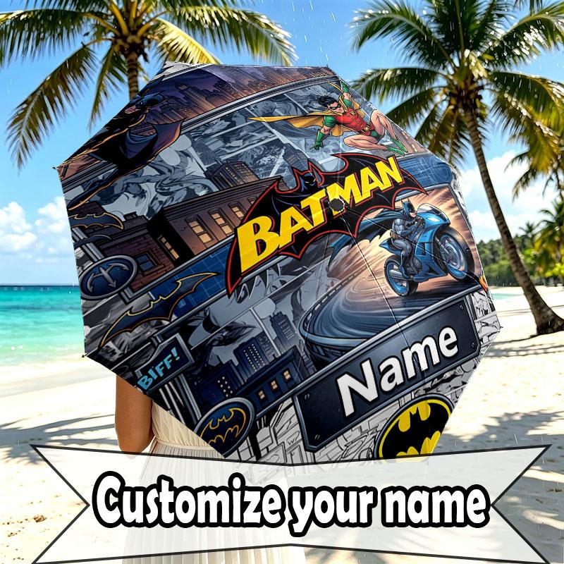 Custom Name Personalized Batman Print Umbrella, Auto Open Close, 8‑Rib Sturdy Frame, Commute Camping Hiking Use, Birthday Gift