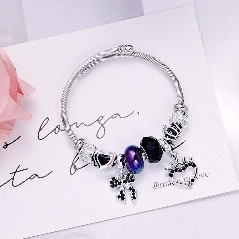 

Diamond Bow Beaded Heart Crown Bracelet Stainless Steel Bangle For Girls Student Fashion Jewelry Gift чорний