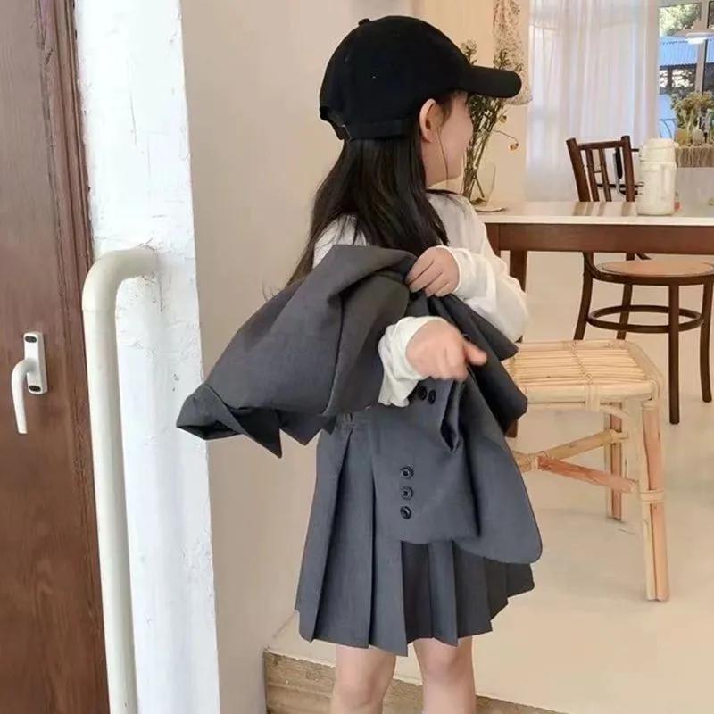 Girls' Spring/Fall College-Style Suit Set Solid-Color Blazer + Skirt Two-Piece Set