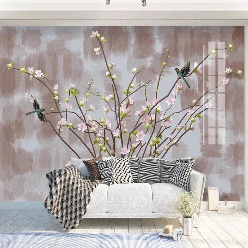 Photo Wallpaper Chinese Hand-painted Pink Flowers Murals Living Room TV Sofa Background Wall Painting 3D Decor Fresco