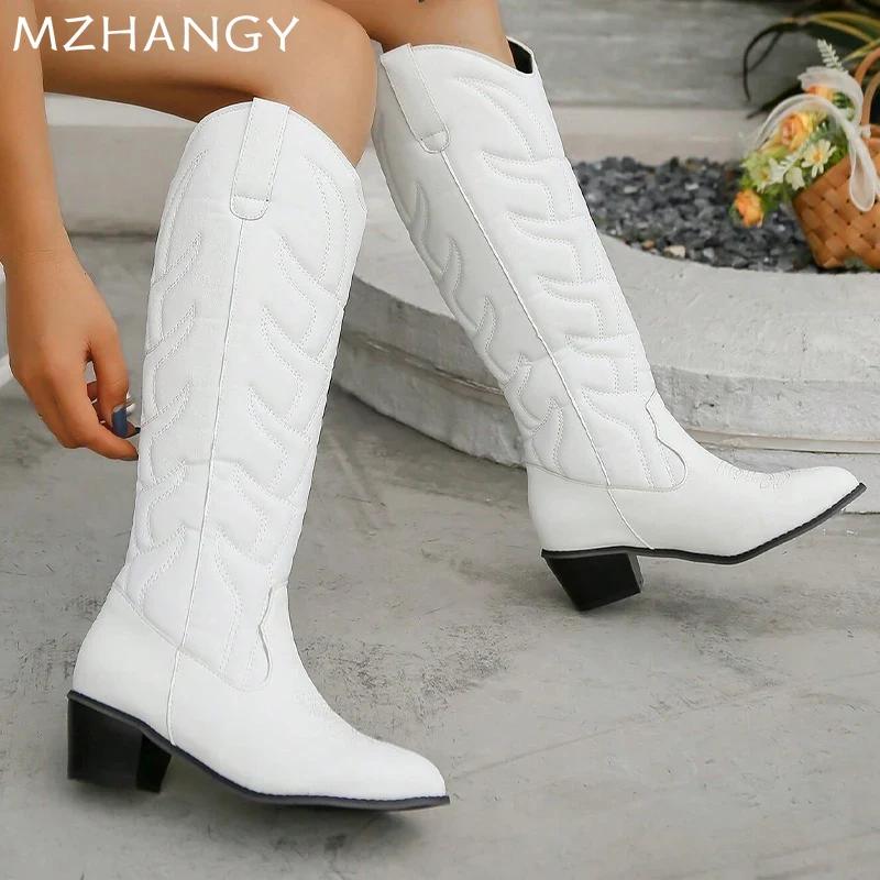 Pointed Toe Woman Snow Mid Calf Boots Designer Mid Heels Fashion Shoes Woman 2024 Trend Chelsea Boots Winter New Mujer Botas