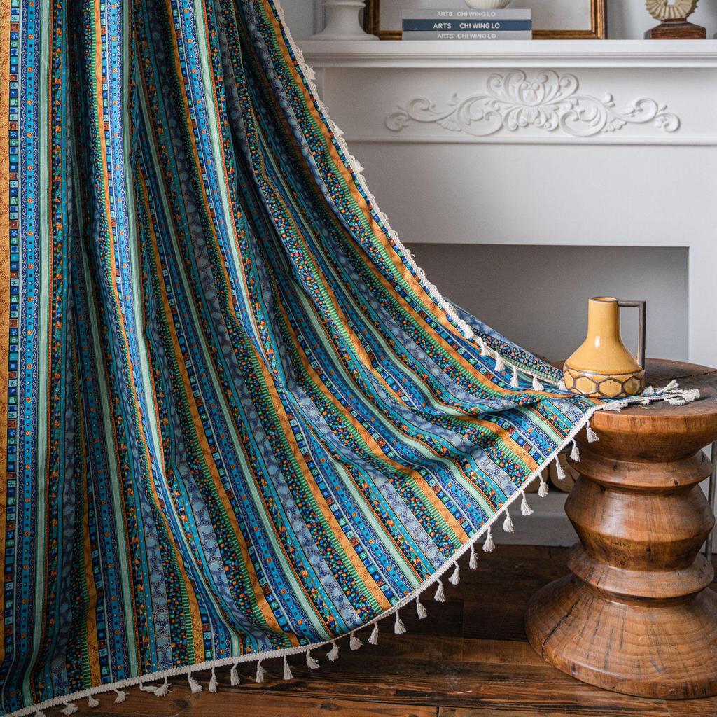 Yiman Qiyun Bohemian Striped Yellow Cotton-Linen Kitchen Curtain, Semi-Light-Blocking