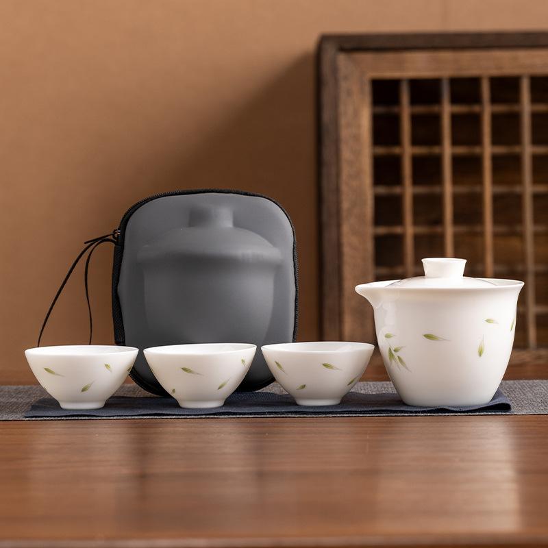 Suet jade porcelain high-end travel tea set, a pot of three cups, portable set, light luxury business commemorative holiday gifts