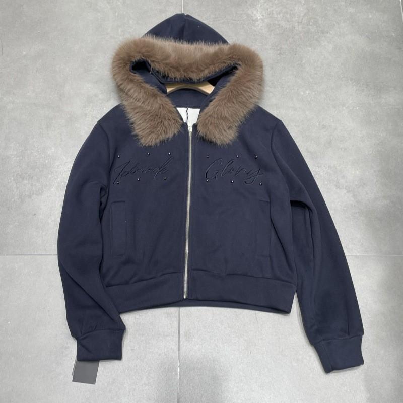 Womens Warm Hooded Coat With Faux Fur Trim Embroidery Beading Thick Cotton-Polyester Blend Slim Fit Korean Style Winter