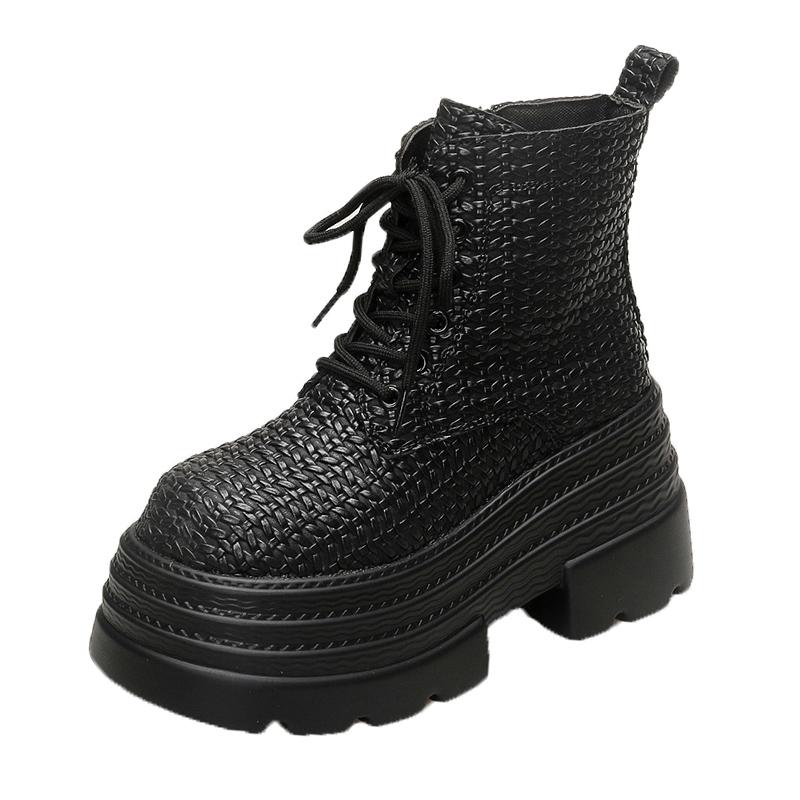 

Модные женские ботильоны на толстой подошве 9,5 см, новые осенне-зимние плетеные кожаные панк-ботинки на высокой платформе, повседневные кожаные короткие ботинки, женские ботильоны 34 чёрный