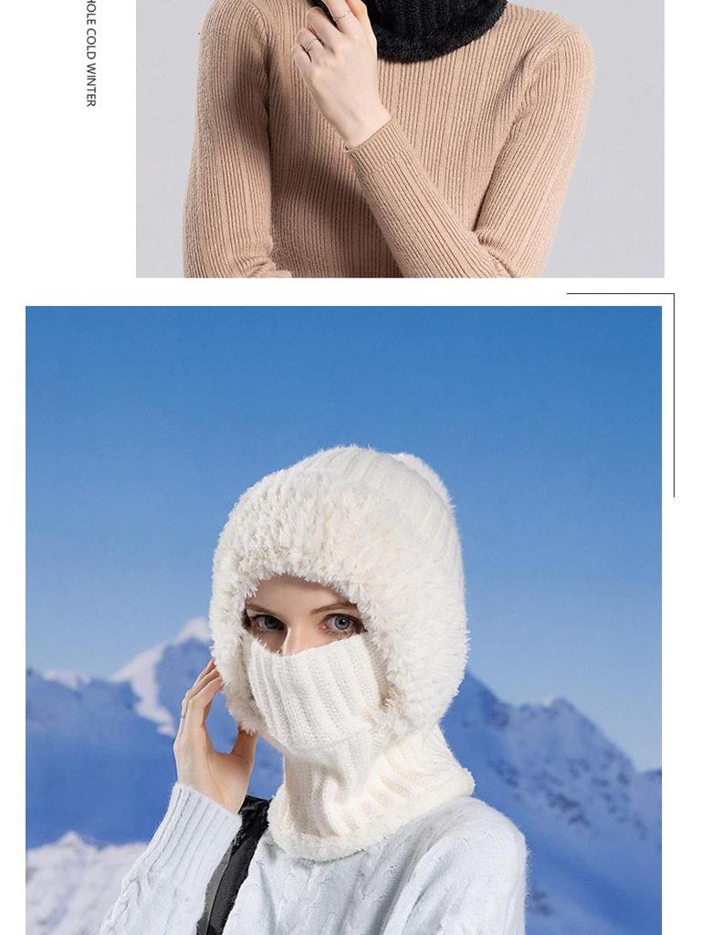 Women's Winter Knitted Hat with Scarf & Mask - Windproof, Plus Velvet, Warm Wool, Ideal for Cycling