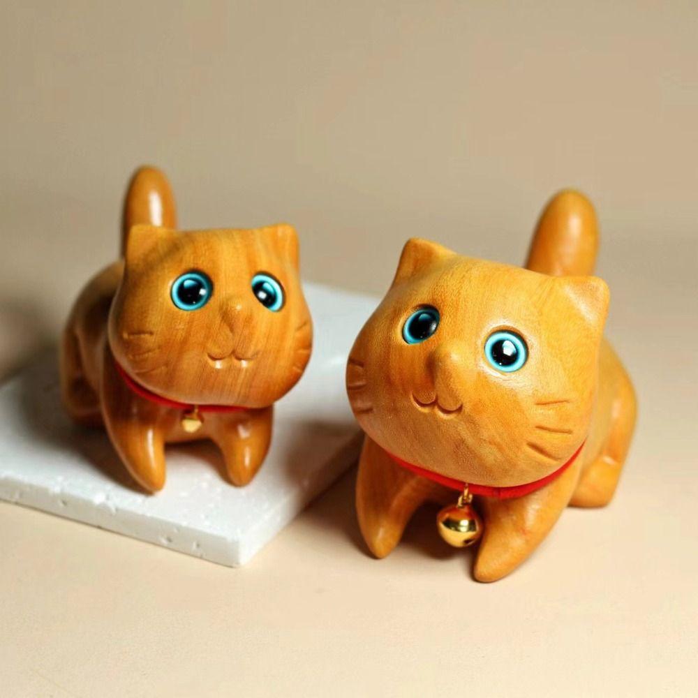 Creative Miniature Wood Cat Statue Cute Cartoon Animal Statue Handmade Carving Natural Lucky Cat Ornaments Collection Display