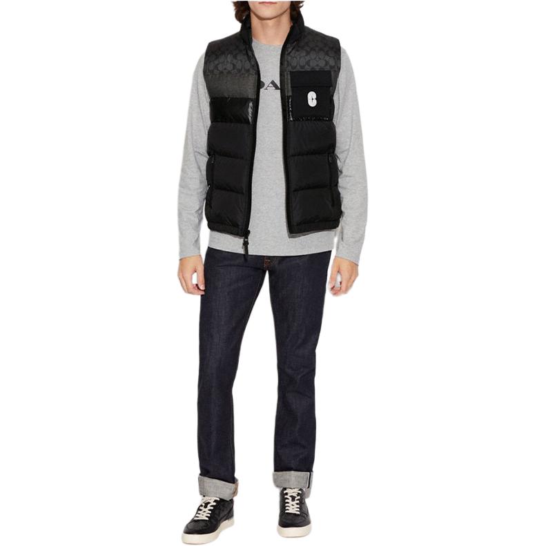 Coach Logo Print Stand Collar Zip Casual Sleeveless Down Jacket Men Jacket Black CG626-R81
