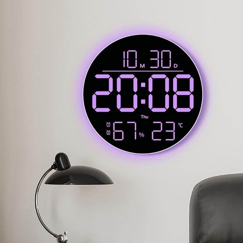  Color Changing LED Wall Clock With Oversized Display Quiet Mechanism Temperature Home