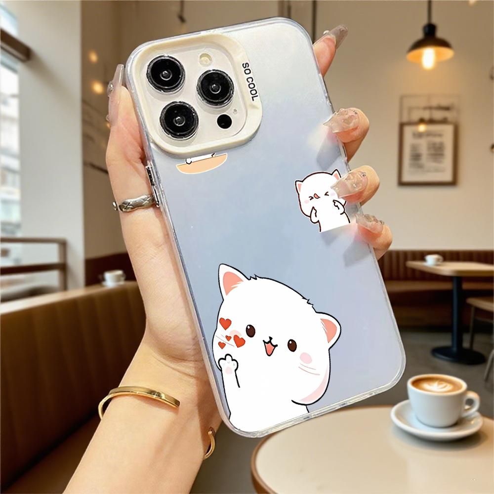 Cute White Cat Cartoons Phone Case for Iphone 16 15 14 13 12 11 Pro Max/Mini Shockproof Anti-Scratch Premium Hard Cover