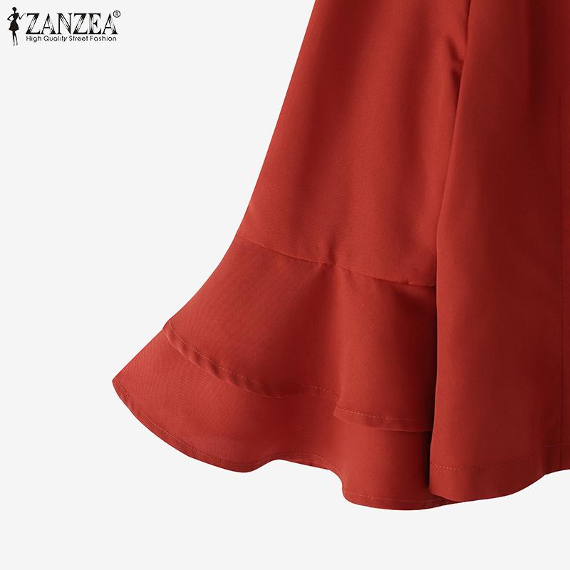 ZANZEA Womens Casual V-Neck Flare 3/4 Sleeve Loose Plain Blouse
