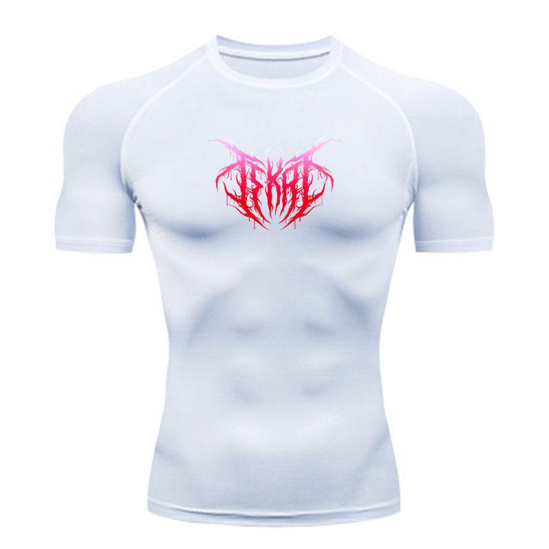 Men's Compression Workout T-shirt, Gothic Red Pink Thorn Print Quick Dry Athletic Short Sleeve Shirt for Gym Running Training Sports Wear