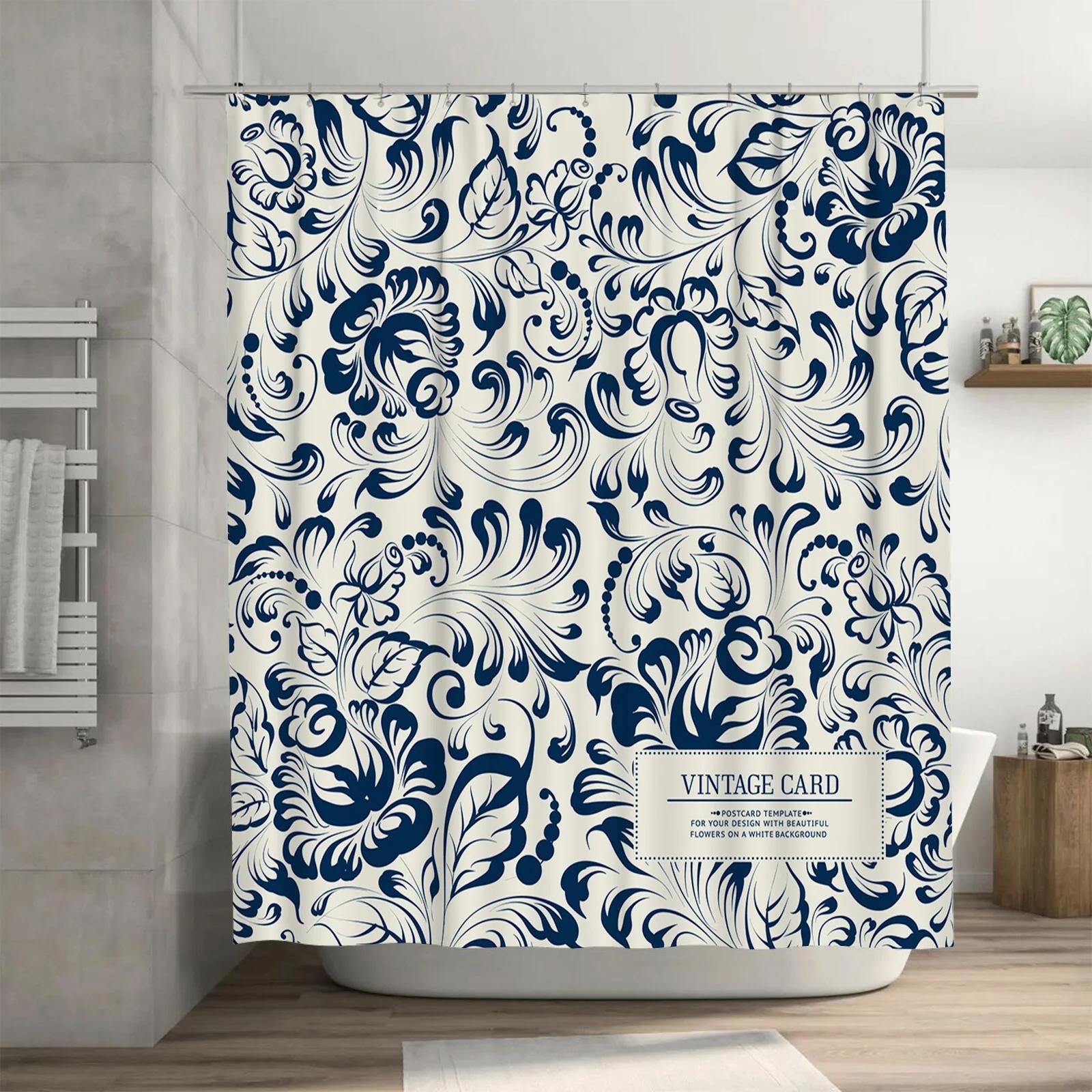 Tonnika Chen Blue/White Vintage Damask Shower Curtain Setprinted Bathroom Decor For Home Decoration Soft Fabric Shower Curtain With Rod Pocke
