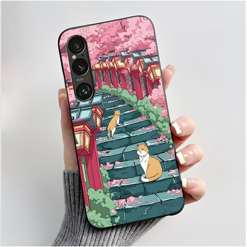 For Sony Xperia 1 VI VII Case Aesthetic Cute Cat Astronaut Soft Silicone Black TPU Back Cover Slim thin Shockproof Shell Fundas