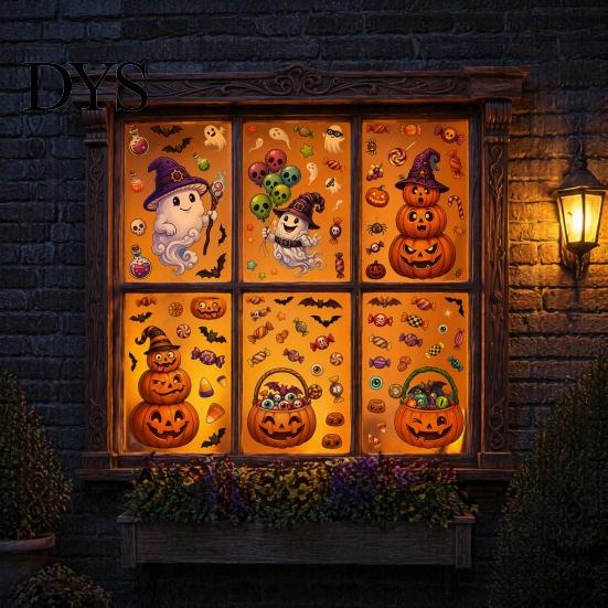 Cartoon Ghost Pumpkin Decals Halloween Window Cling Stickers, Candy Glass Decals, Self-Adhesive Removable Party Supplies for Art Home Doors
