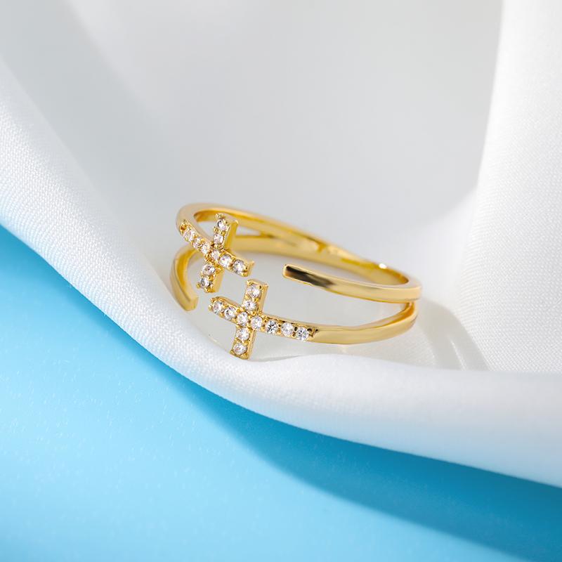 Zircon Double Cross Rings For Woman Stainless Steel Gold Color Shiny Opening Ring New Luxury Fashion Wedding Zircon Gift Bague