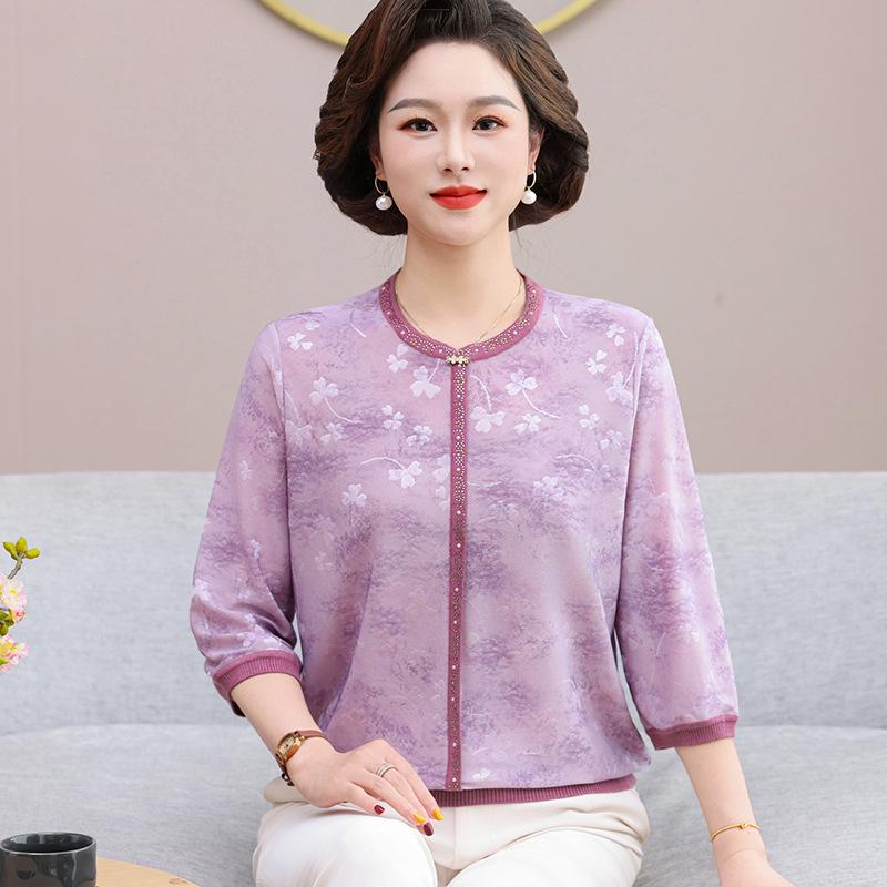 

Seven-Sleeve Ice Silk Round Neck Maternity Top for Middle-Aged Women - Spring/Summer 4XL (135-150 lbs) фиолетовый