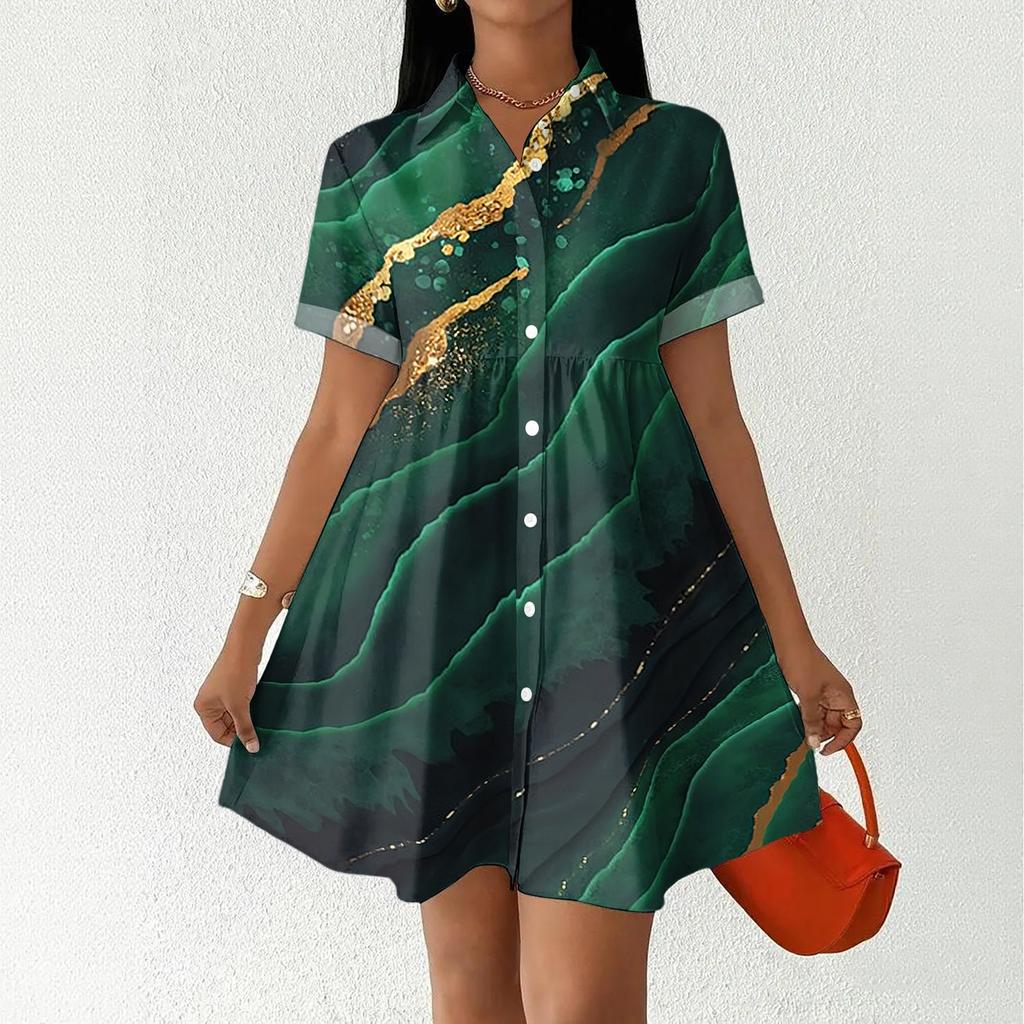 Women’s Casual Loose Fit Button Down Shirt Dress with Stand Collar and Floral Print Short Sleeve Design for Daily Wear