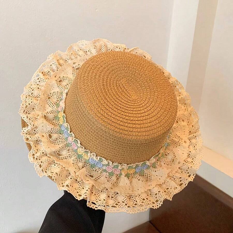 Womens Pearl Lace Straw Sun Hat With Wide Brim For Beach And Outdoor Summer Use