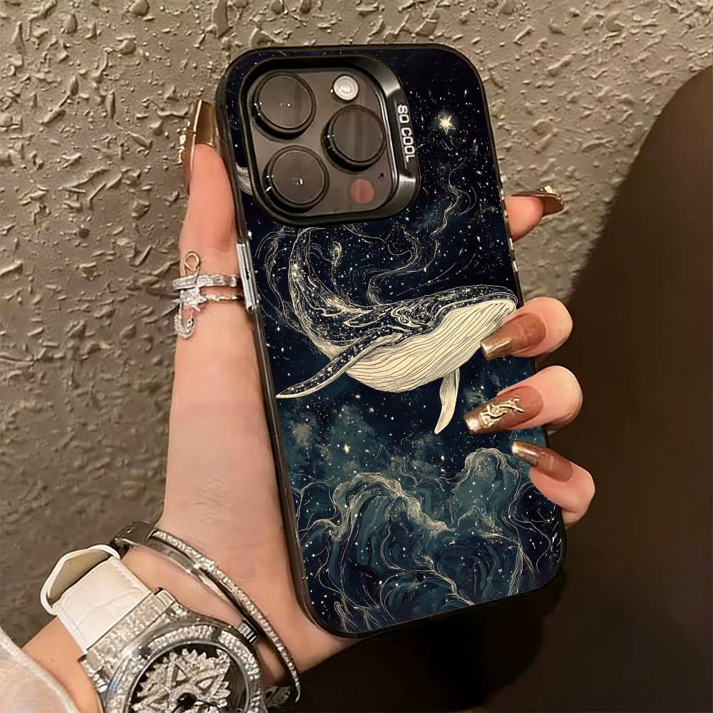 Line W-Whale Phone Case For iPhone 17,16,15,14,13,12,11 Plus,Pro Max,XS,Colored Silver Plated Inside Cover