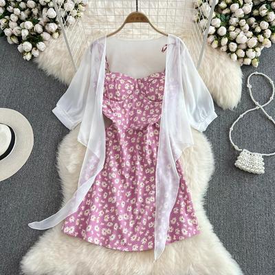 Frauen Sommer Blumendruck Zweiteiler Schlank Urlaub Elegante Damen A-Linie Kurzes Kleid