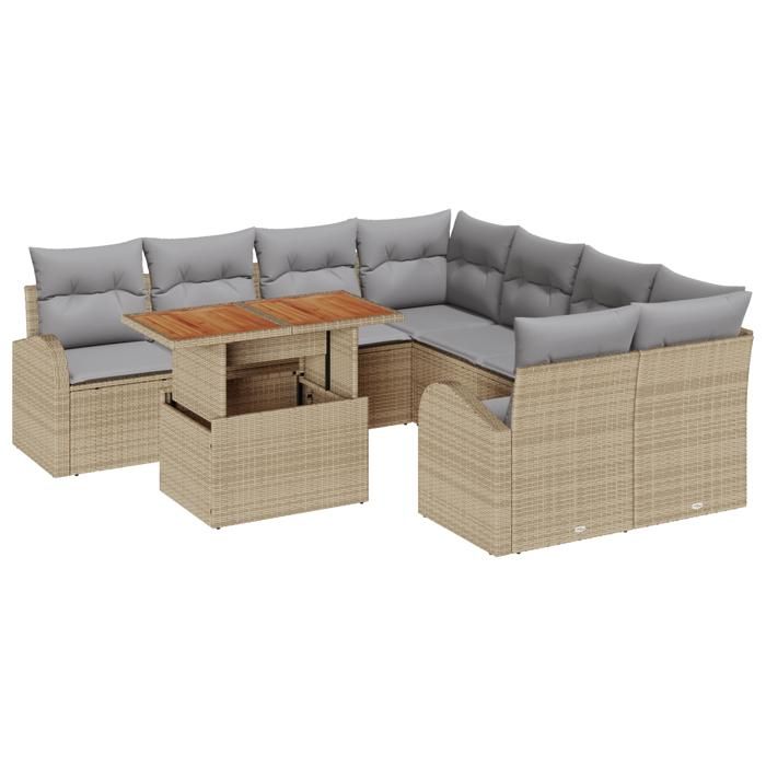 Ensemble de canapé de jardin 9 pièces avec coussins en rotin poly beige, Canapé de jardin 2 places avec rangement et 3358303