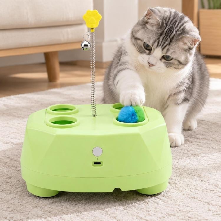 Indoor Play Device with Extending Lower Attachment, Moving Ball, Spring Attachment, and 4 Top Openings for Play
