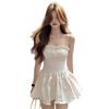 Double-layer white square neck suspender pleated fungus lace dress women's summer pure desire light luxury sexy skirt