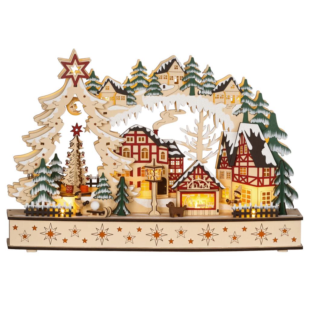 Bright Christmas village, lively wooden Christmas village, with 20 LEDs, snowy landscape, 45L x 12l x 30H cm, natural wood