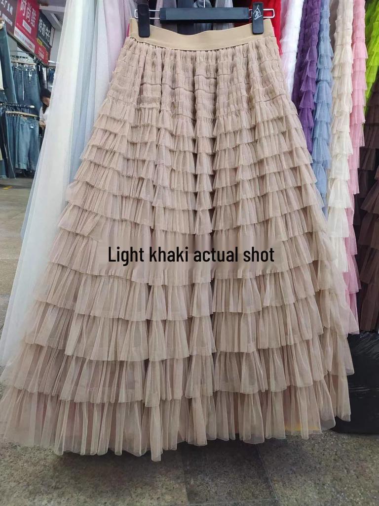 Women's Cross-Border Ruffle Mesh Midi Cake Skirt - Socialite Slimming Style